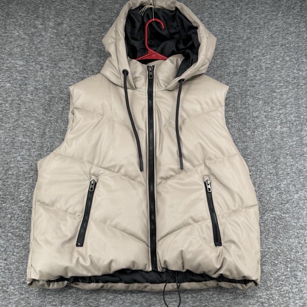 Zara Faux Leather Puffer Vest Womens XS Taupe Beige Hooded Cropped Quilted Zip